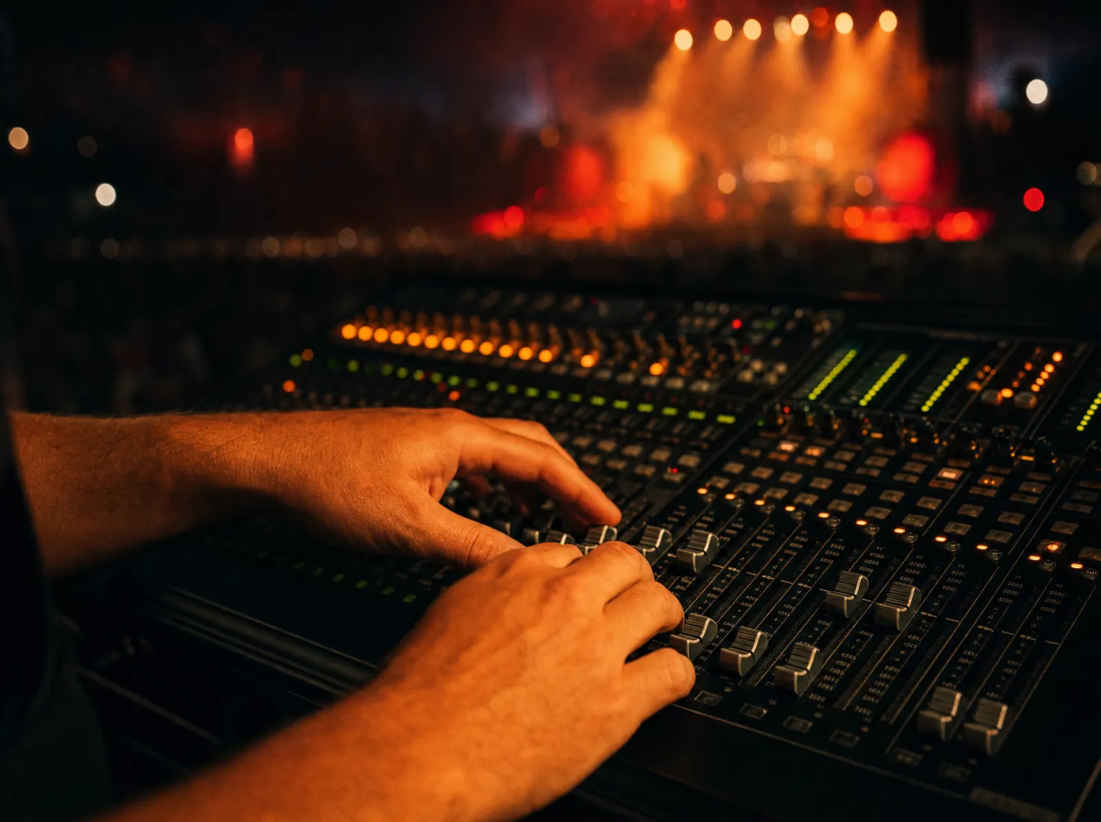 Le mani di un fonico sui fader del mixer, davanti al palco acceso durante un concerto.