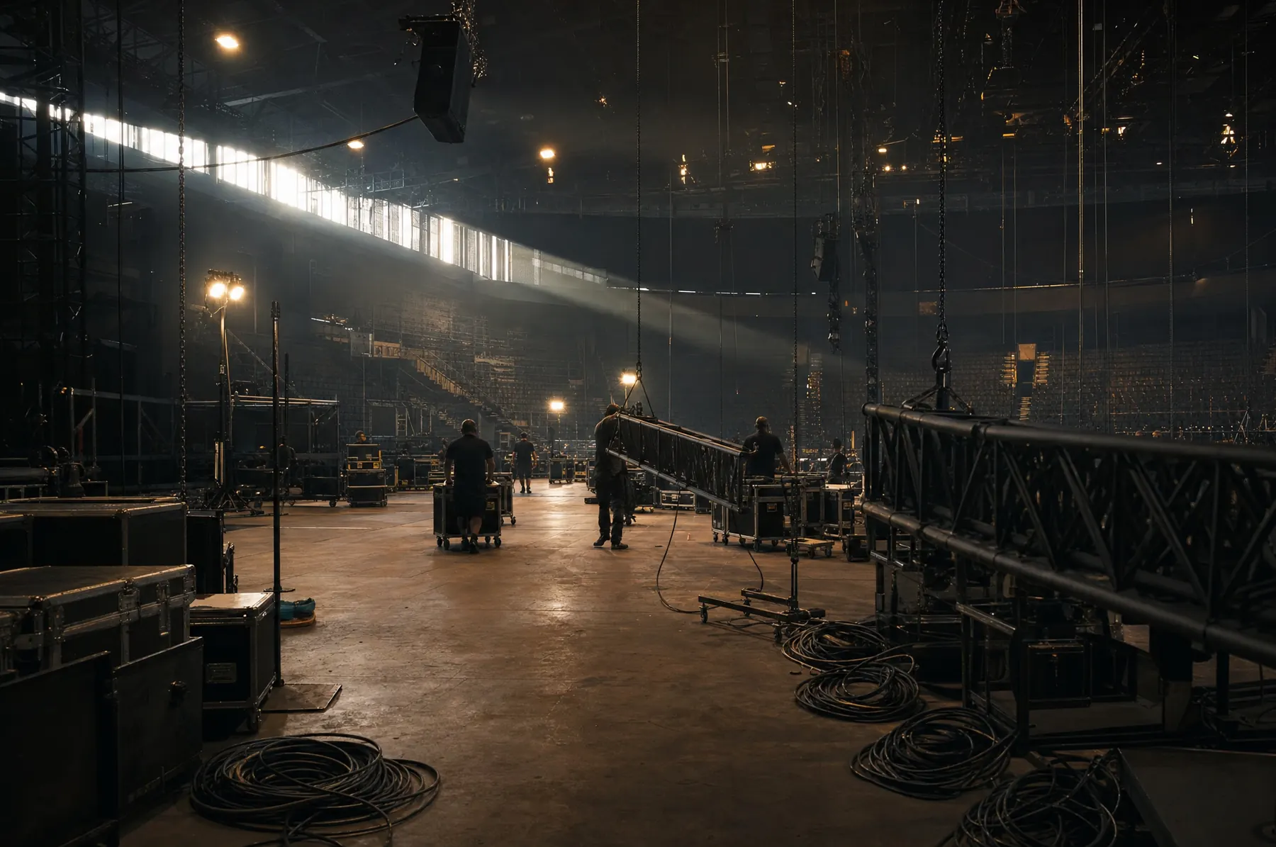 Un'arena durante il get-in: la squadra spinge i flight case e alza le americane.